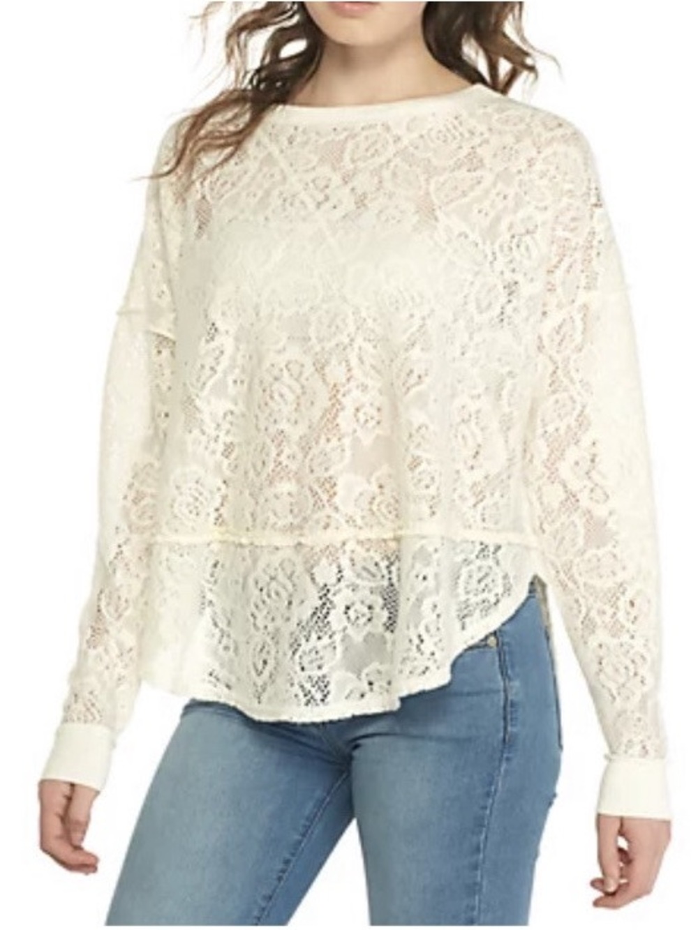 Free People Ivory Not Cold In This Lace Knit Floral Sweater Size XS Oversized